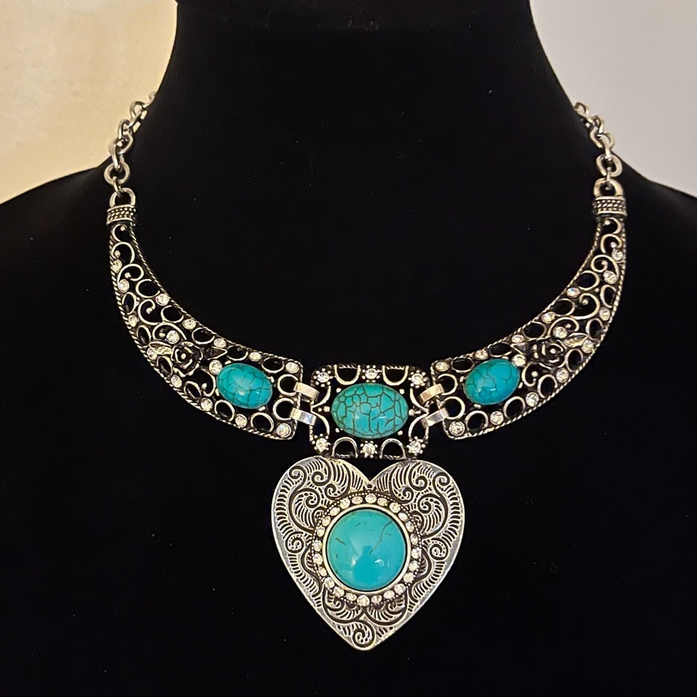 NEW - Antique Silver-Tone Turquoise Tibetan Heart Statement Necklace